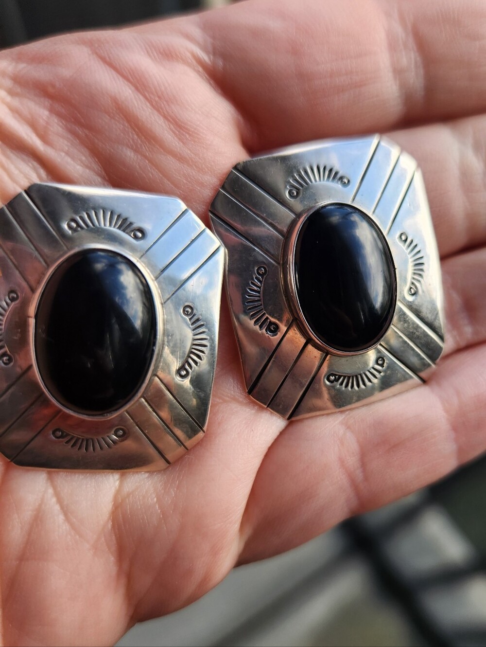 Handmade Sterling Silver 926 Native American Onyx Square Stamped Concho Earrings
